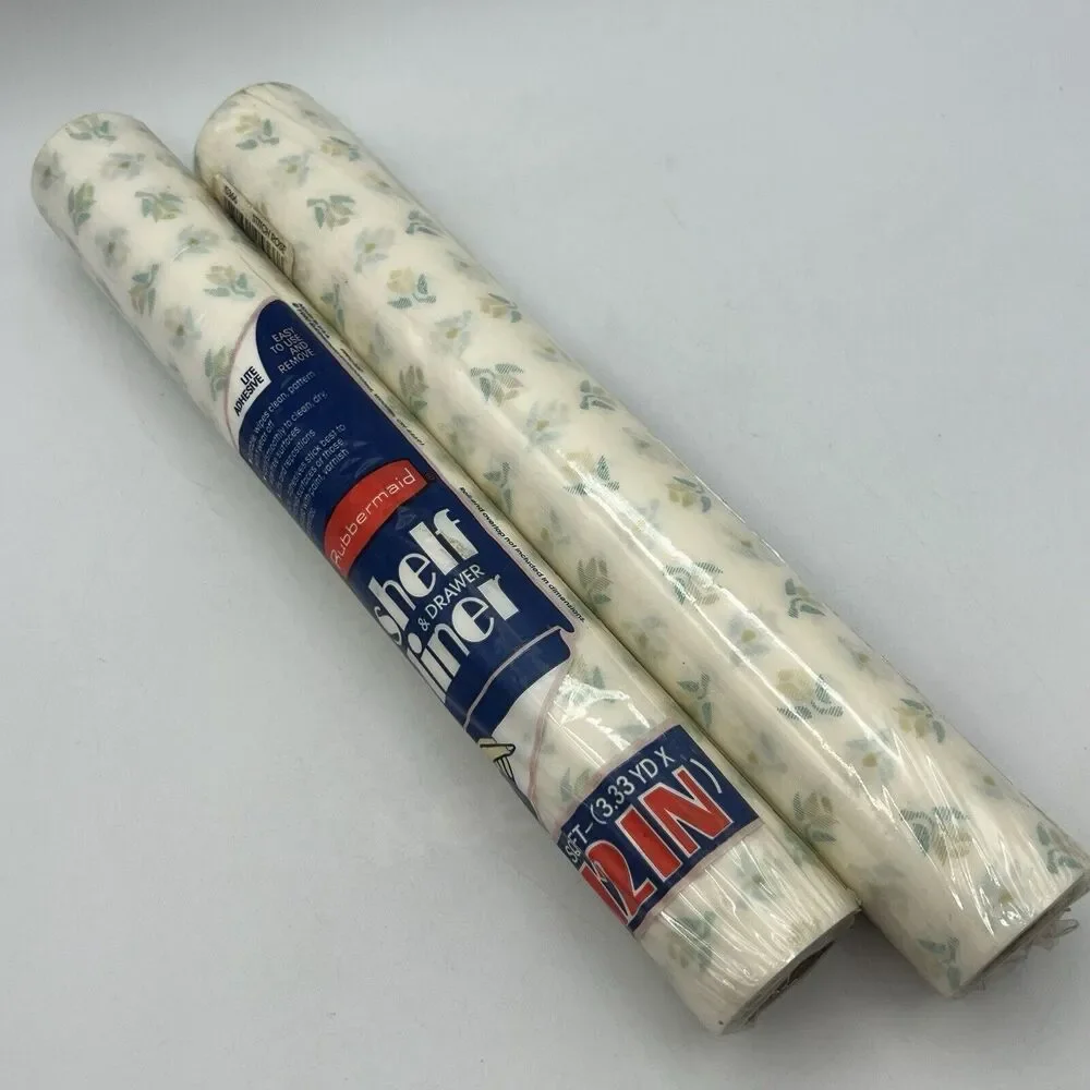 2 Vtg Rubbermaid Self Adhesive Shelf Liner Contact Paper Blue Green Flowers 80s